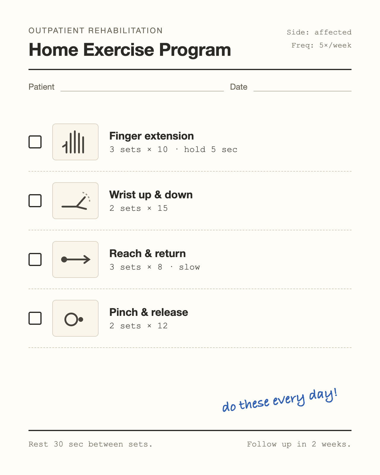A printed home exercise program